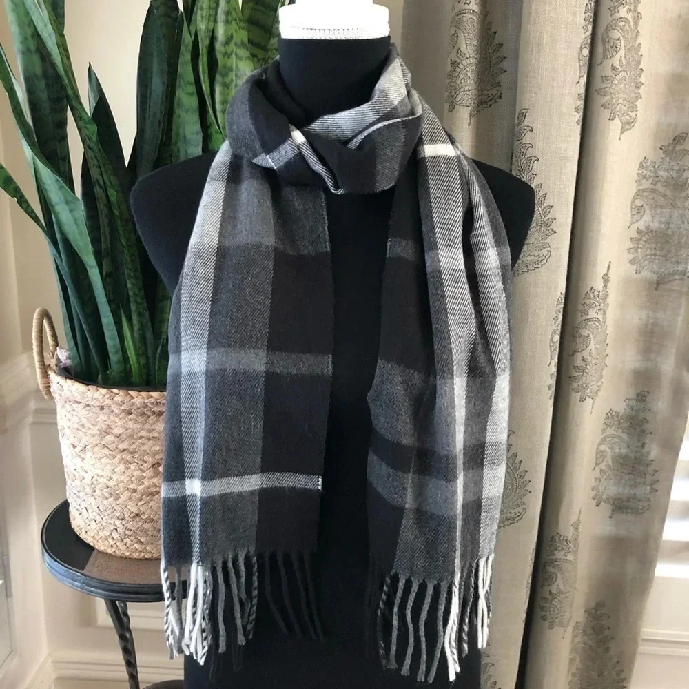 Black White Soft Plaid Winter Scarf fringe Gray Grey‎ Unisex Cozy